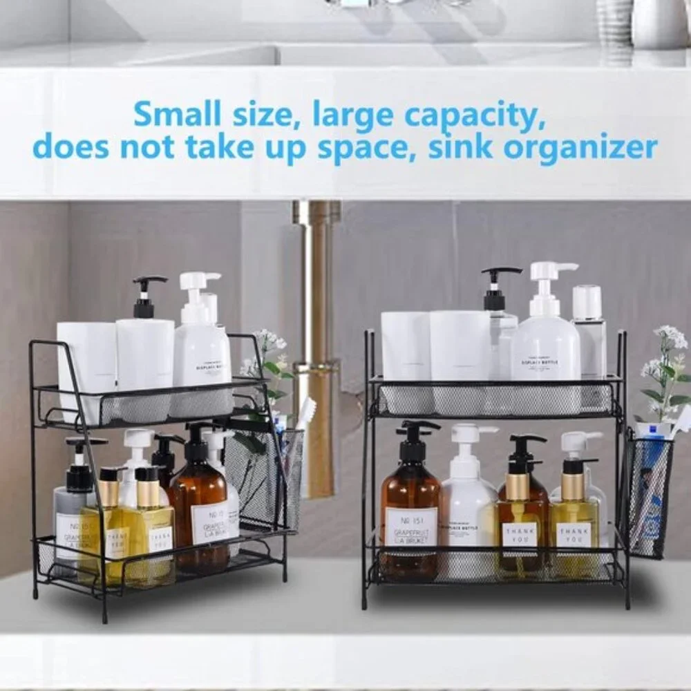 New Black Countertop Organizer, Bathroom, Bedroom & Kitchen Shelf with Basket